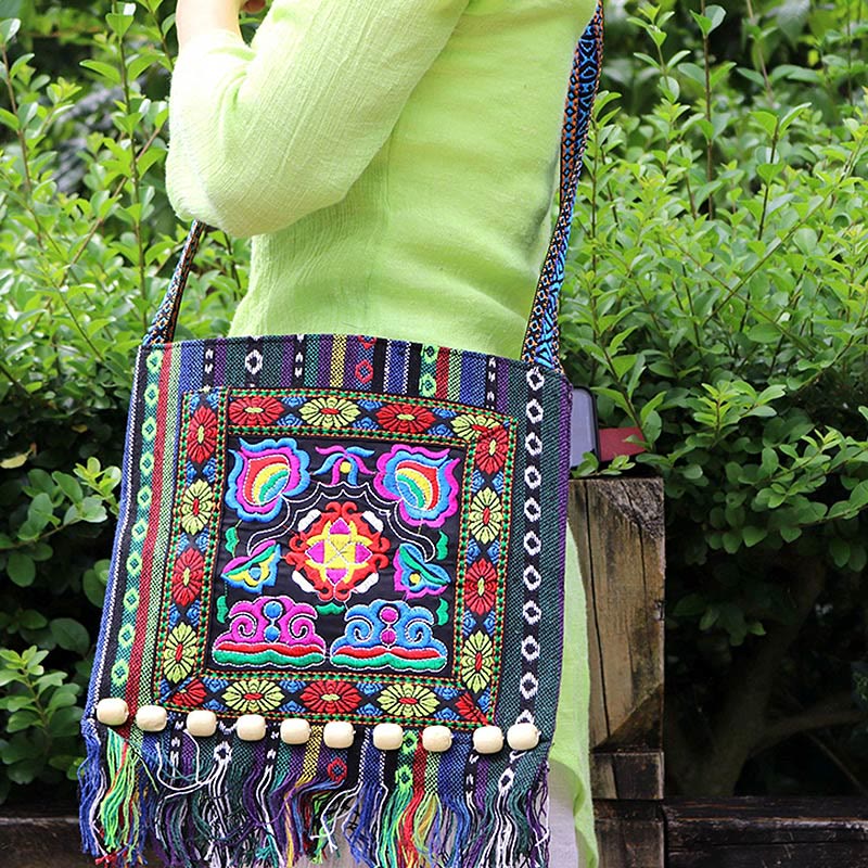 Nimara Ritual Tibetan Handmade Embroidered Camellia Canvas Shoulder Bag Crossbody Bag