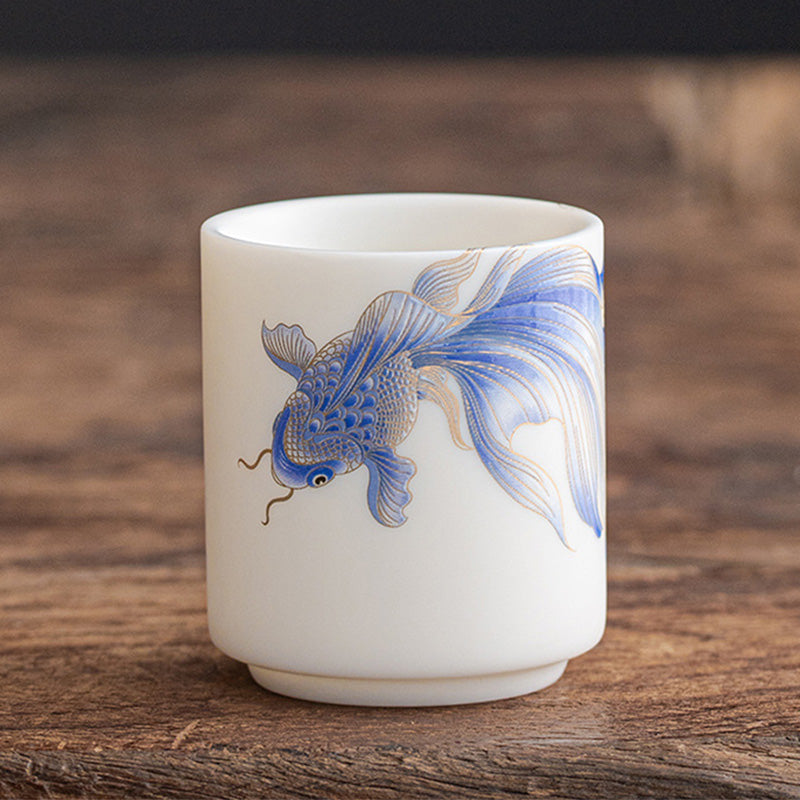 Nimara Ritual Koi Fish White Porcelain Ceramic Teacup Kung Fu Tea Cup