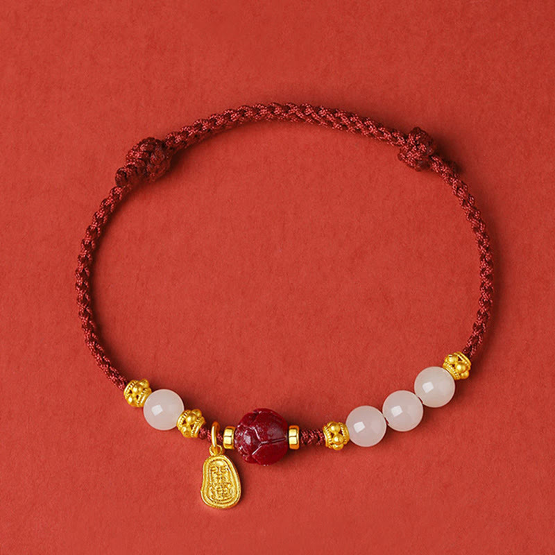 Nimara Ritual 24K Gold Plated Hetian White Jade Cinnabar Lotus Luck Rope Bracelet