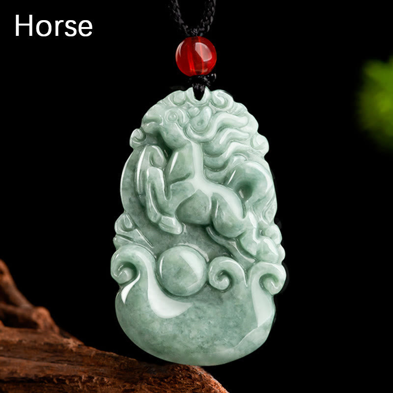 Nimara Ritual Natural Green Jade 12 Chinese Zodiac Luck Prosperity Necklace Pendant
