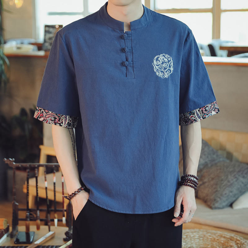 Nimara Ritual Frog-Button Dragon Embroidery Chinese Tang Suit Short Sleeve Shirt Men Clothing