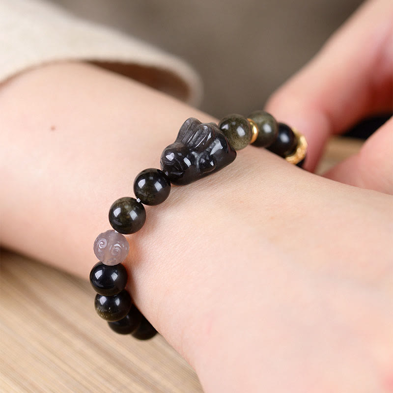 Nimara Ritual Gold Sheen Obsidian Black Obsidian Silver Sheen Obsidian Cute Rabbit Protection Bracelet