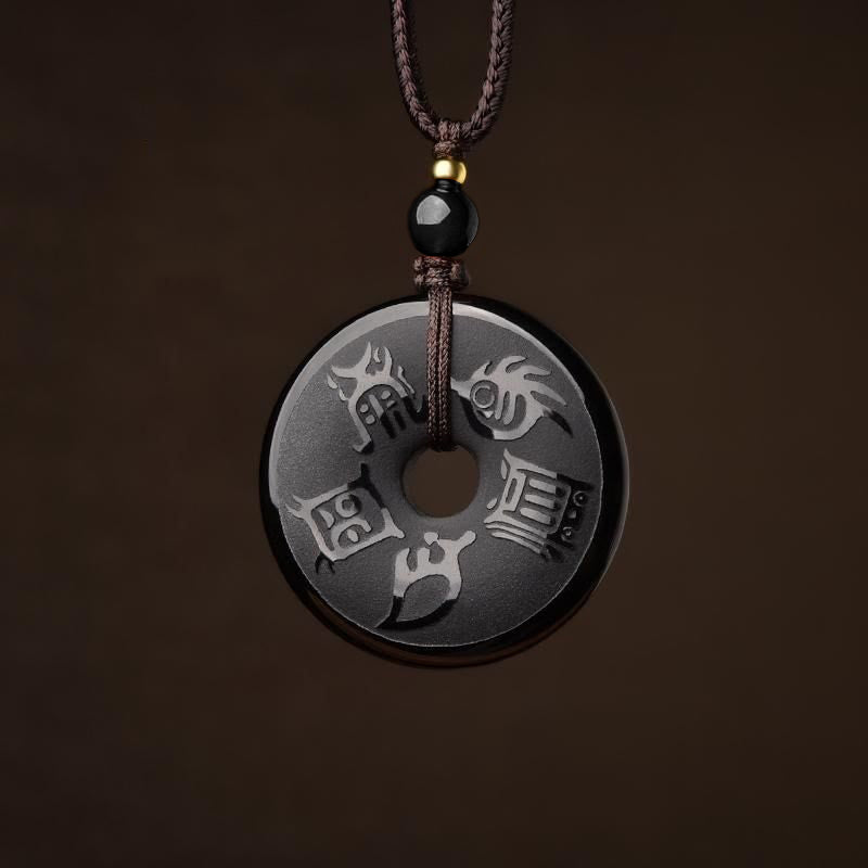 Nimara Ritual Black Obsidian Taoism Five Sacred Mountains Carved Strength Peace Buckle Necklace Pendant Key Chain Phone Hanging Decoration