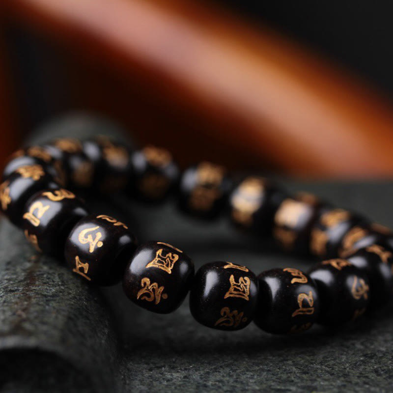 Nimara Ritual Tibetan Ebony Wood Om Mani Padme Hum Engraved Peace Bracelet