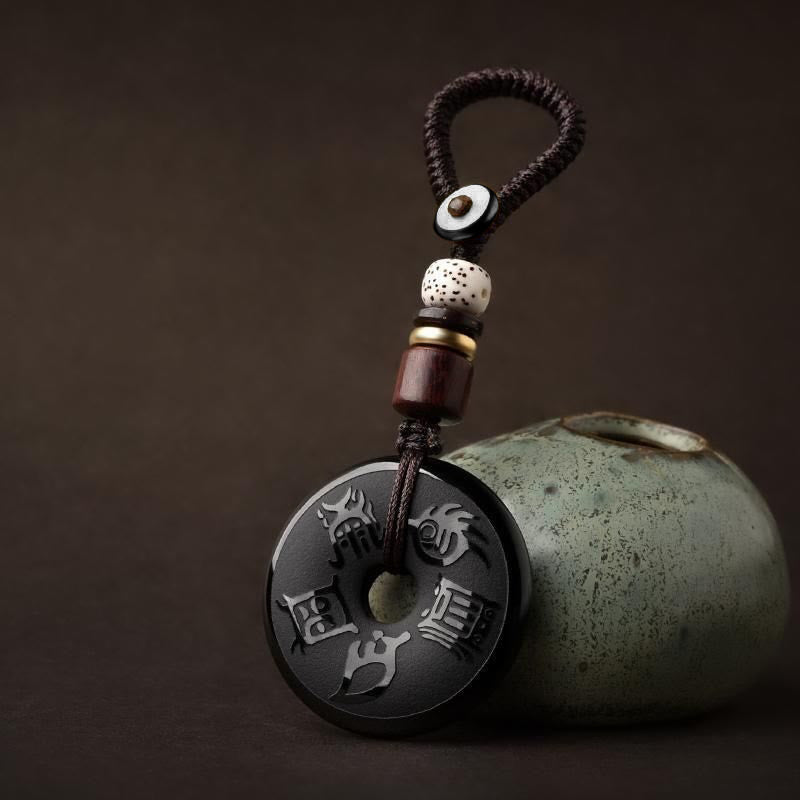 Nimara Ritual Black Obsidian Taoism Five Sacred Mountains Carved Strength Peace Buckle Necklace Pendant Key Chain Phone Hanging Decoration