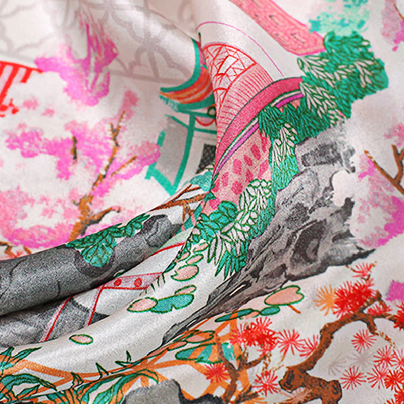 Nimara Ritual Pastoral Scene Hot Air Balloon Spring Blossom 100% Mulberry Silk Neck Hair Scarf