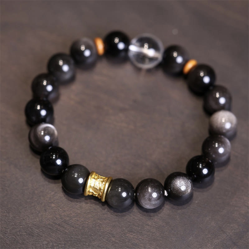 Nimara Ritual Natural Silver Sheen Obsidian Crystal Om Mani Padme Hum Bead Protection Bracelet