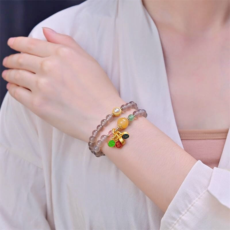 Nimara Ritual Natural Gray Agate Peace And Joy Charm Balance Double Wrap Bracelet