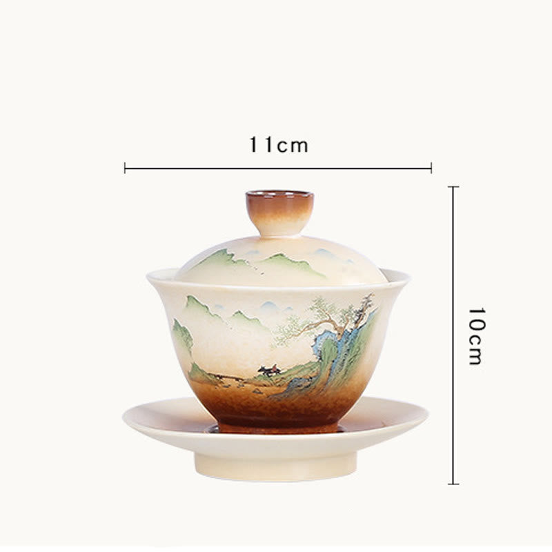Nimara Ritual Mountain Landscape Countryside Ceramic Gaiwan Sancai Teacup Kung Fu Tea Cup And Saucer With Lid