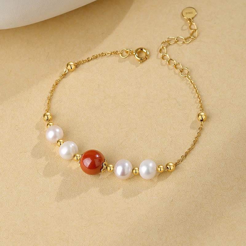 Nimara Ritual 925 Sterling Silver Pearl Cinnabar Healing Bead Chain Bracelet