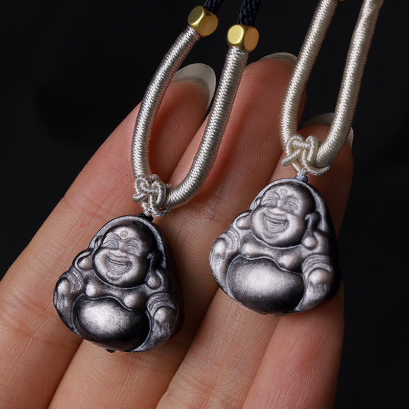 Nimara Ritual Natural Silver Sheen Obsidian Laughing Buddha Protection Necklace Pendant