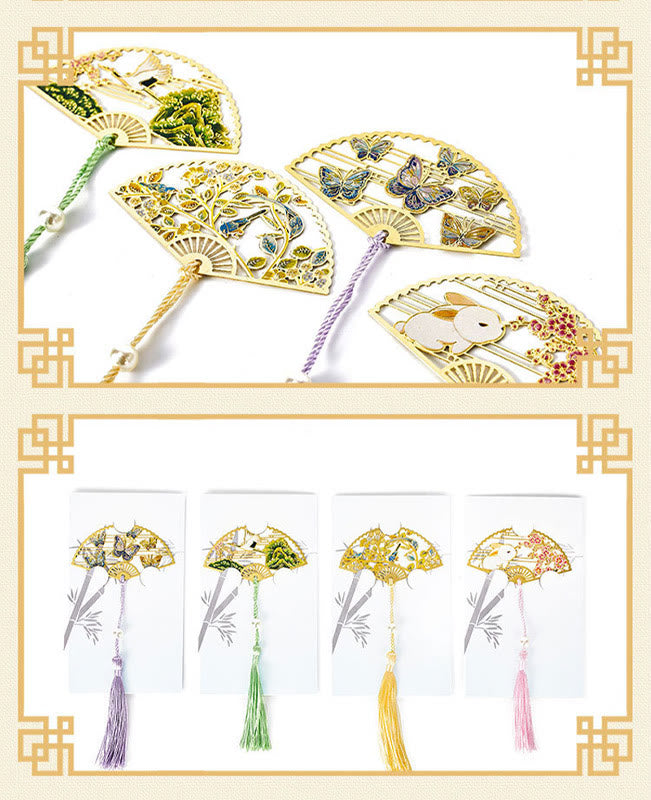 Nimara Ritual Traditional Butterfly Lotus Flower Crane Dragon Phoenix Fox Koi Fish New Beginning Metal Brass Hollow Fan Bookmarks