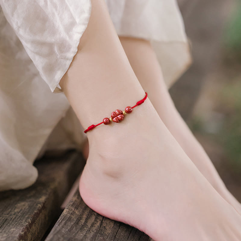Nimara Ritual Four Leaf Clover Cinnabar Blessing Calm String Bracelet Anklet