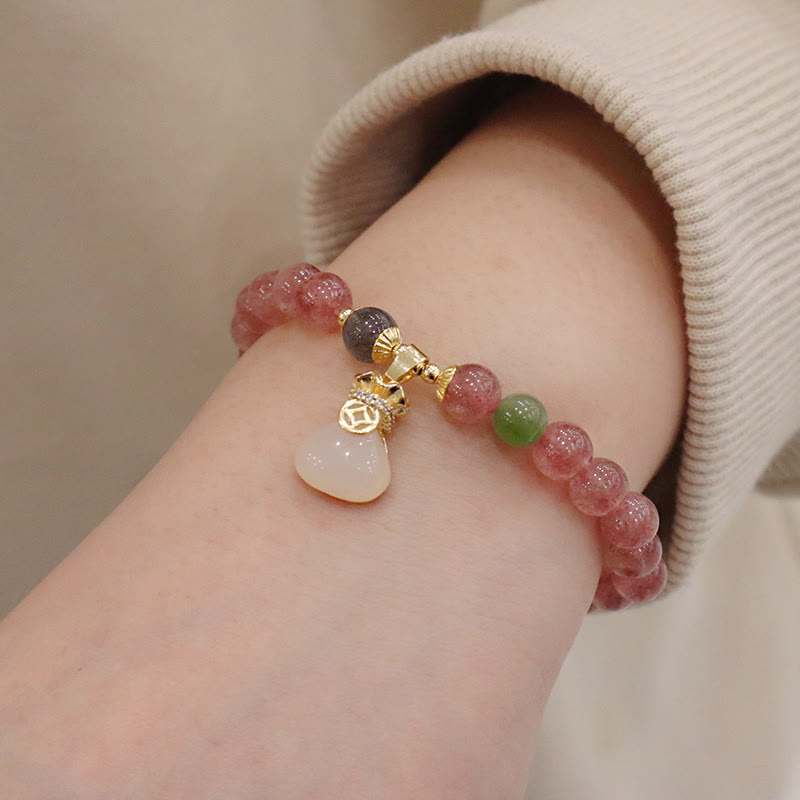 Nimara Ritual Natural Strawberry Quartz Jade Peace Buckle Coin Purse Healing Bracelet