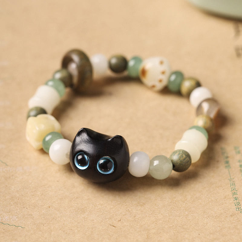 Nimara Ritual Bodhi Seed Green Sandalwood Ebony Wood Small Leaf Red Sandalwood Cat Head Paw Claw Peace Bracelet