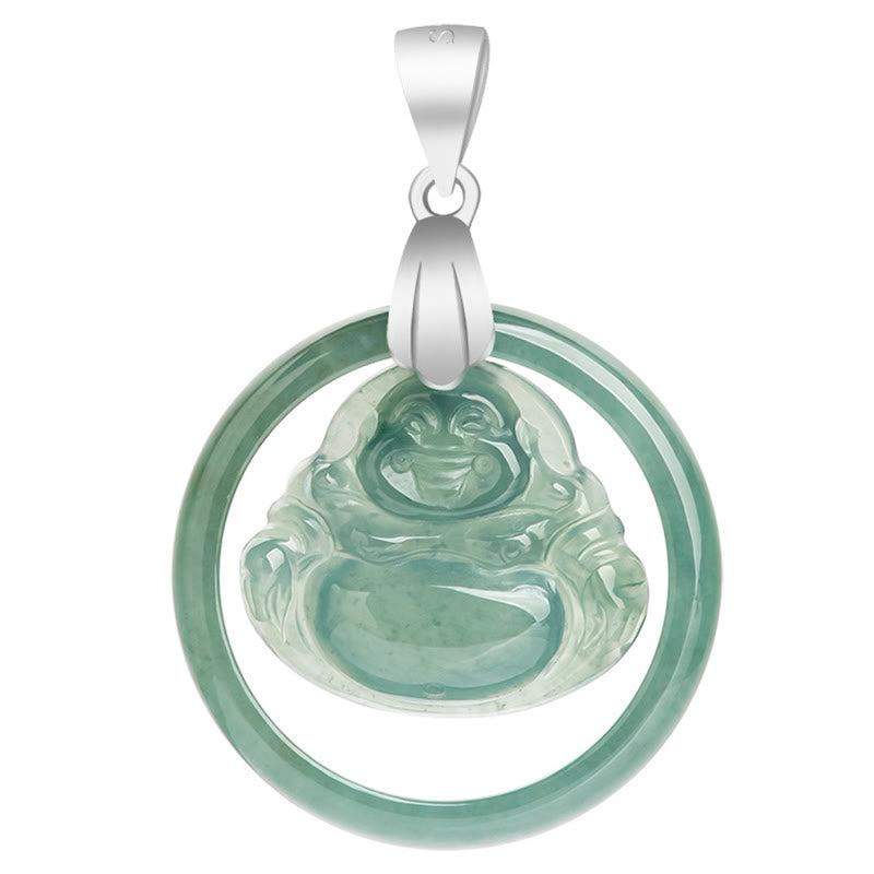 Nimara Ritual Natural Jade Round Laughing Buddha Abundance Titanium Steel Chain Necklace Pendant
