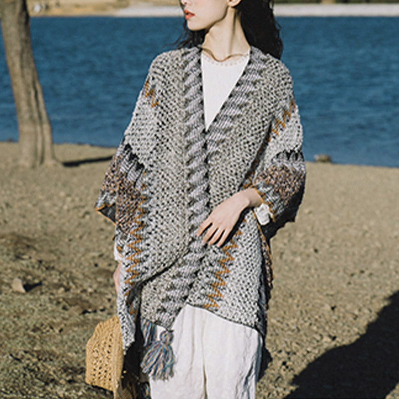 Nimara Ritual Tibetan Shawl Gray Brown Striped Knitted Tassels Winter Cozy Travel Scarf Wrap