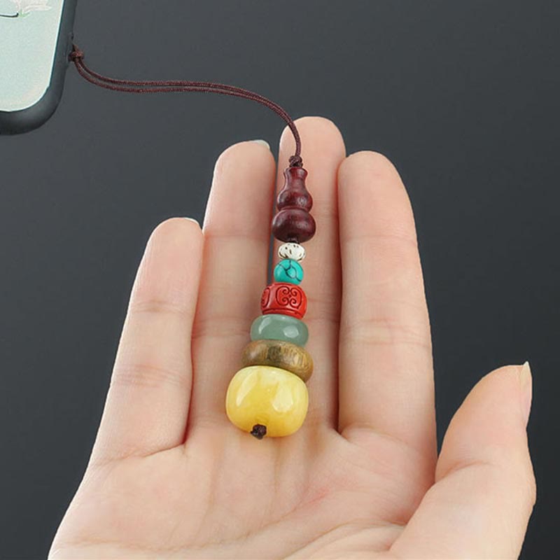 Nimara Ritual Green Sandalwood Ebony Wood Gourd Seven Layer Pagoda Positive Phone Hanging Decoration