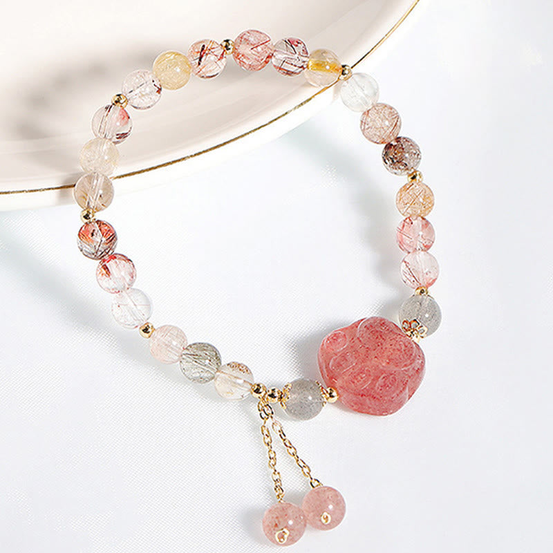 Nimara Ritual Natural Strawberry Quartz Cat Paw Claw Colorful Rutilated Quartz Moonstone Love Bracelet