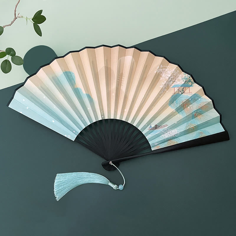 Nimara Ritual Retro Lotus Flower Leaf Mountain Lake Handheld Folding Fan With Bamboo Frames