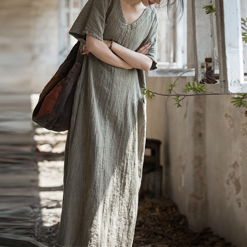 Nimara Ritual Handmade Tie Dye V-Neck Midi Dress Linen Short Sleeve Dress