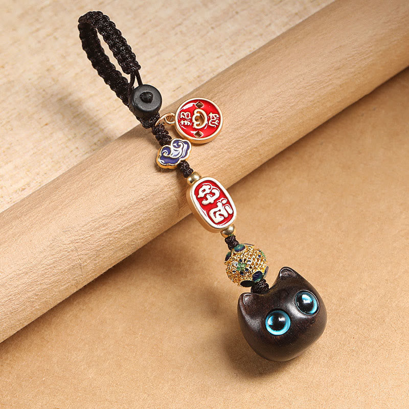 Nimara Ritual Ebony Wood Lucky Cat Auspicious Cloud Peace Key Chain Phone Hanging Decoration