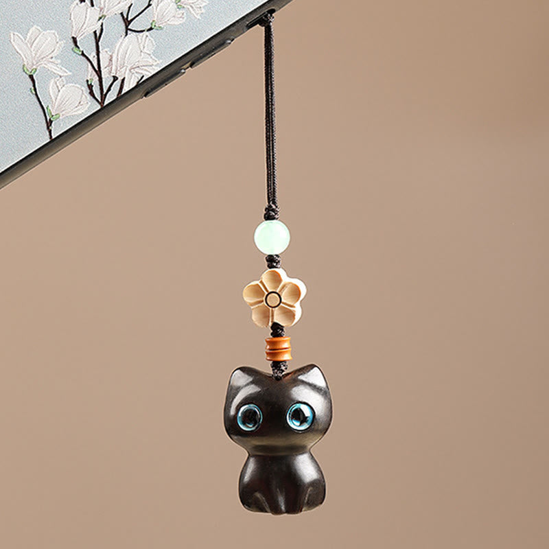 Nimara Ritual Mini Small Leaf Red Sandalwood Ebony Wood Lucky Cat Lovely Kitty Peace Key Chain Phone Hanging Decoration