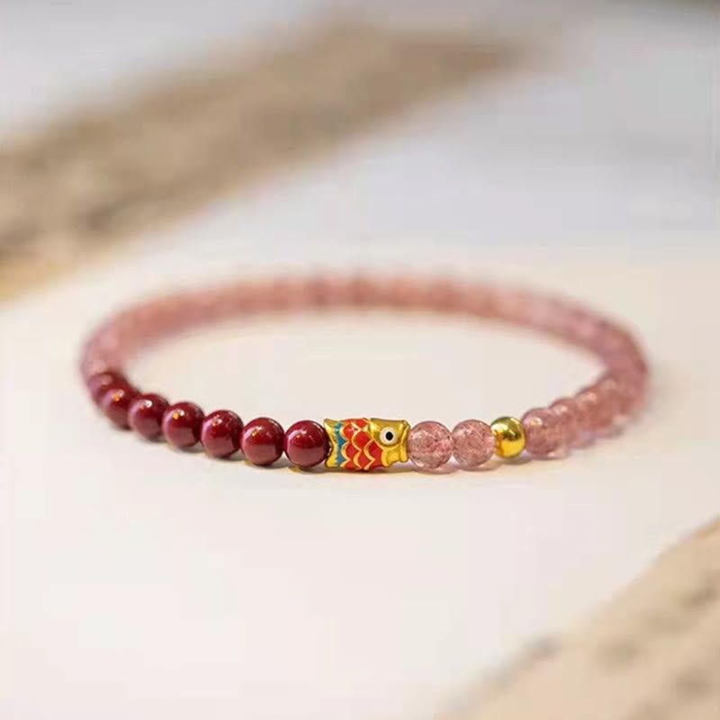 Nimara Ritual Natural Strawberry Quartz Cinnabar Lucky Koi Fish Healing Bracelet