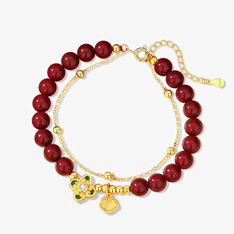 Nimara Ritual 925 Sterling Silver Natural Cinnabar Four Leaf Clover Flower Blessing Chain Bracelet