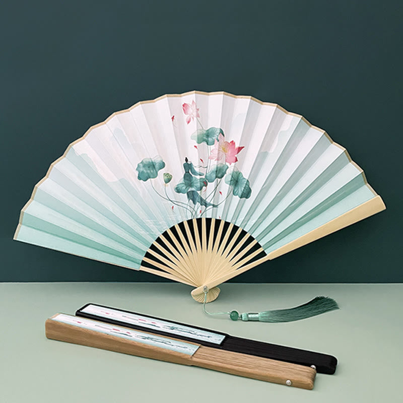 Nimara Ritual Retro Lotus Flower Leaf Mountain Lake Handheld Folding Fan With Bamboo Frames