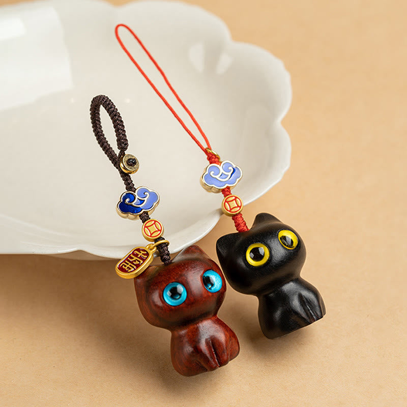 Nimara Ritual Small Leaf Red Sandalwood Ebony Wood Lucky Cat Protection Key Chain Phone Hanging Decoration