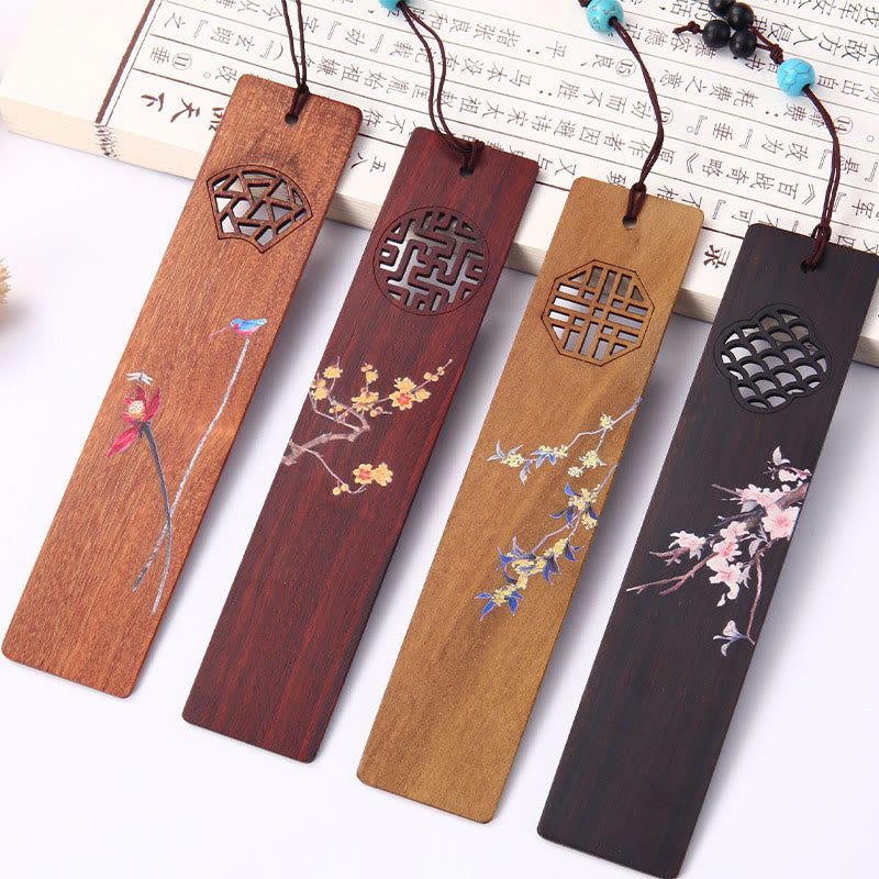 Nimara Ritual 4Pcs Four Seasons Plum Orchid Bamboo Chrysanthemum Peking Opera Mask Wood Bookmarks With Gift Box