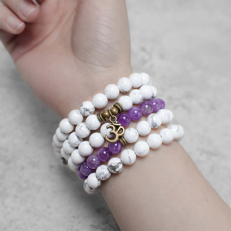 Nimara Ritual 108 Mala Beads Amethyst White Turquoise OM Healing Meditation Energy Bracelet