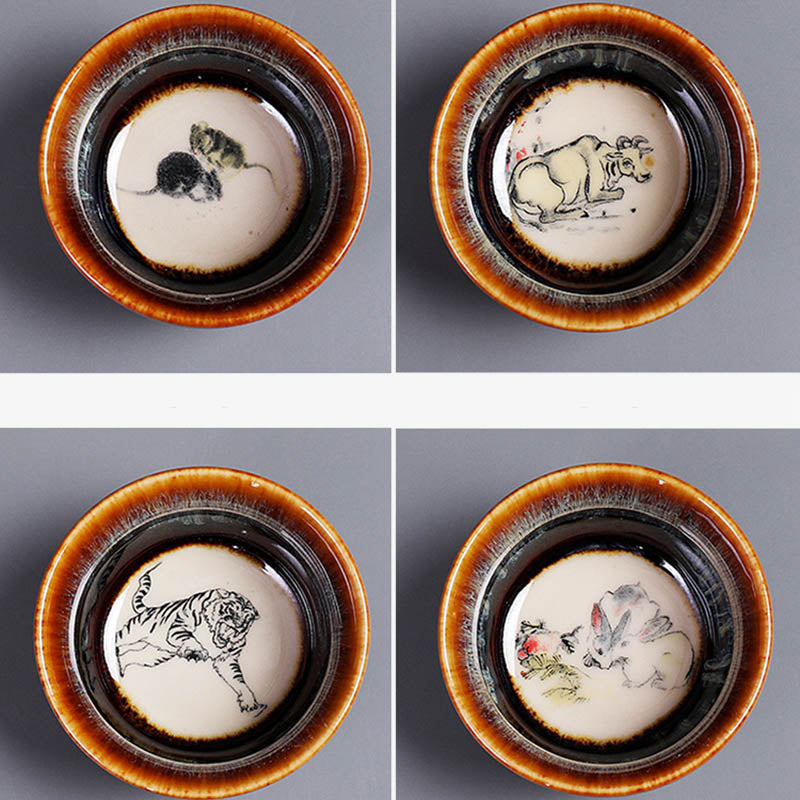 Nimara Ritual 12 Chinese Zodiac Pattern Ceramic Teacup Kung Fu Jian Chinese Zhan Tea Cup 73ml
