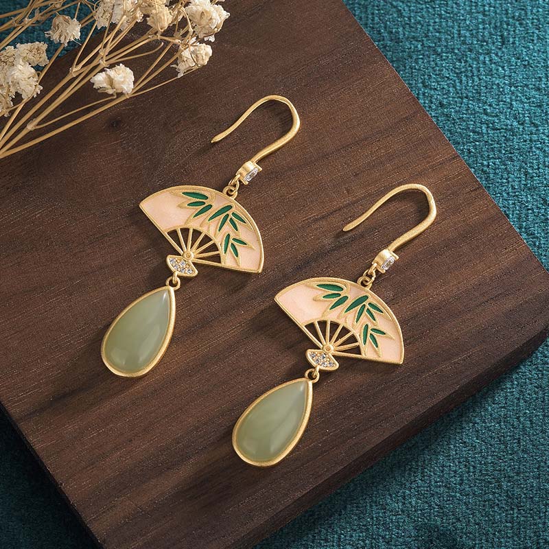 Nimara Ritual Natural Green Aventurine Fan Pattern Luck Drop Earrings