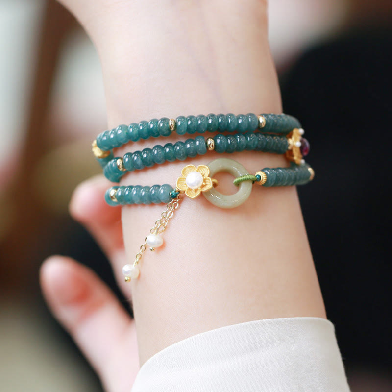 Nimara Ritual 925 Sterling Silver Gold Plated Cyan Jade Flower Peace Buckle Success Triple Wrap Bracelet