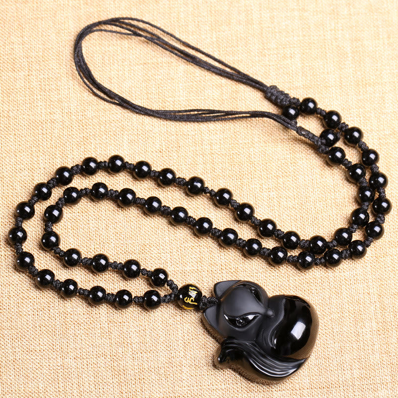 Nimara Ritual Natural Black Obsidian Tiger Eye Ice Obsidian Fox Pendant Amulet Necklace