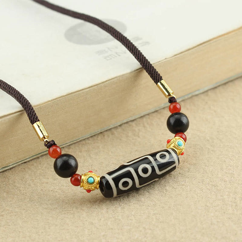 Nimara Ritual Tibetan Nine-Eye Dzi Bead Protection Blessings String Necklace Pendant