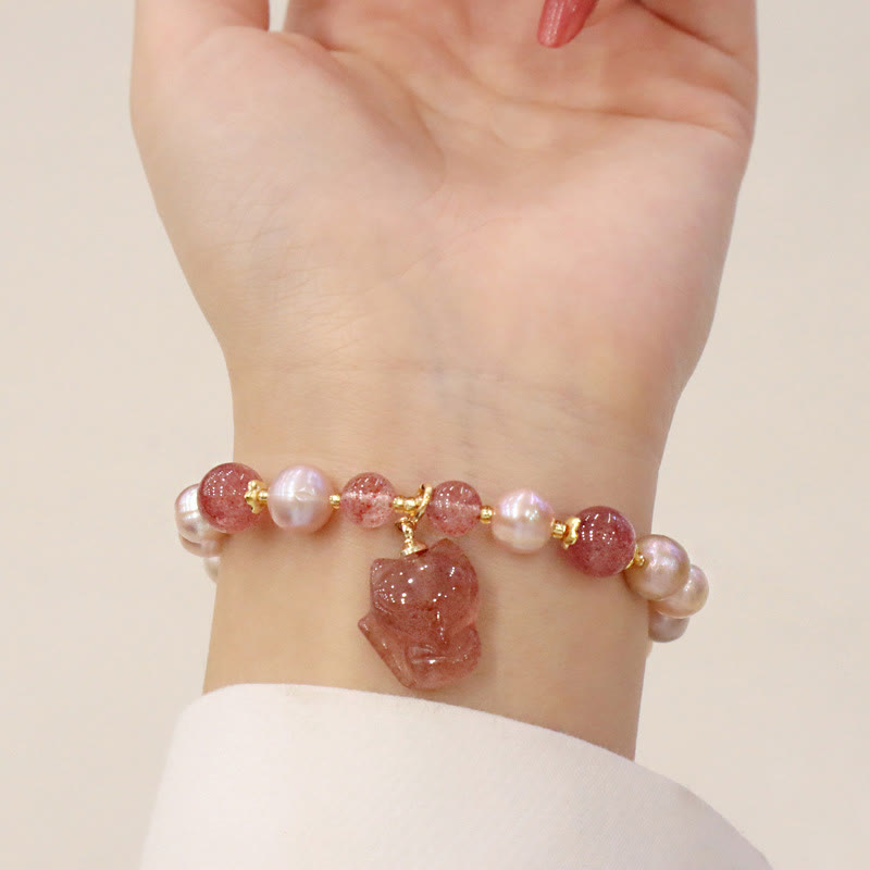 Nimara Ritual Natural Pearl Strawberry Quartz Cute Fox Love Healing Charm Bracelet