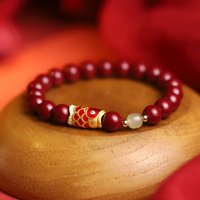 Nimara Ritual Natural Cinnabar Lucky Koi Fish Hetian Jade Bead Blessing Bracelet