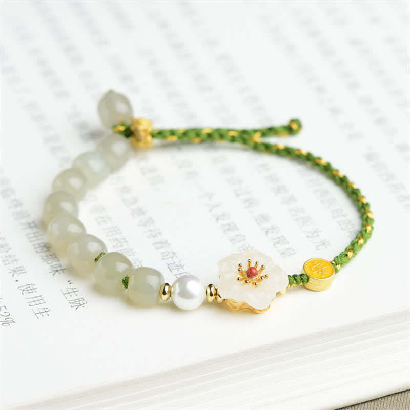 Nimara Ritual 925 Sterling Silver Natural Hetian Jade Peach Blossom Luck Bracelet