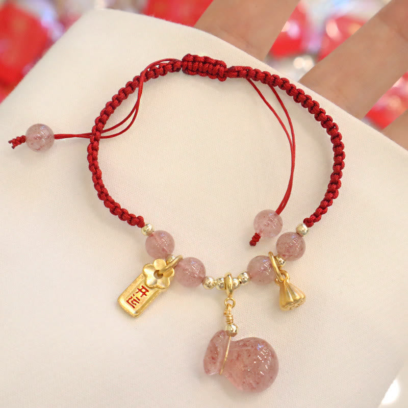 Nimara Ritual Natural Strawberry Quartz Money Bag Lotus Healing Charm Red String Braided Bracelet