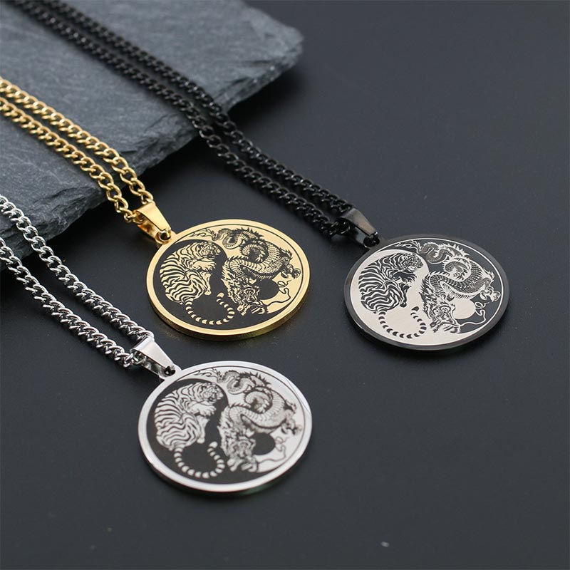 Nimara Ritual Tiger Dragon Titanium Steel Chain Necklace Harmony Pendant
