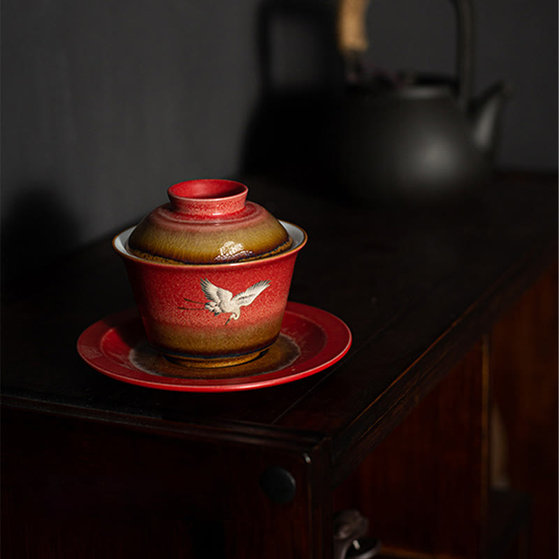 Nimara Ritual Red Auspicious Crane Ceramic Gaiwan Sancai Teacup Kung Fu Tea Cup And Saucer With Lid