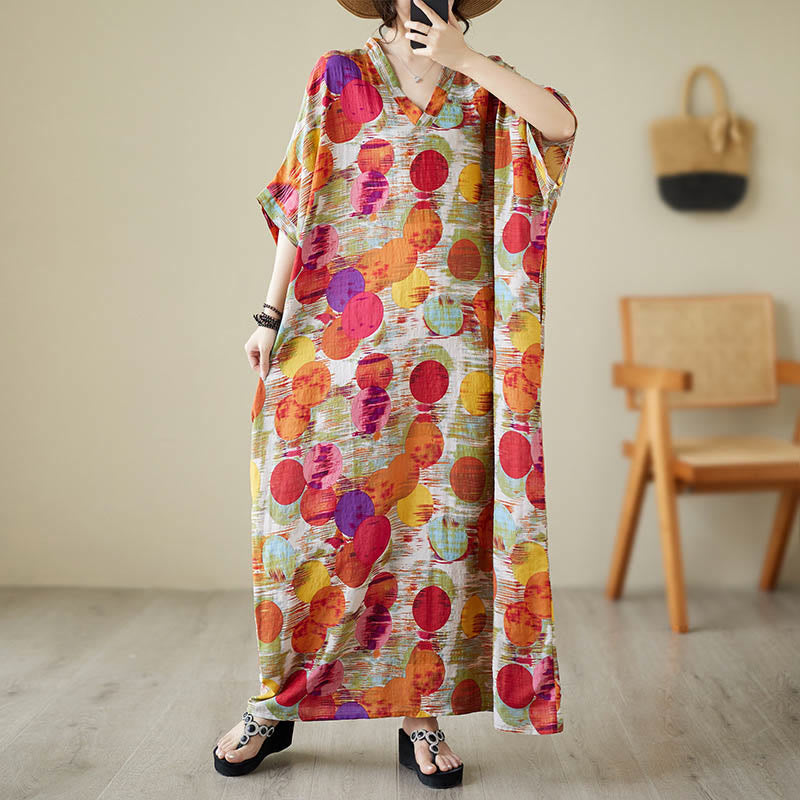 Nimara Ritual Orange Blue Colorful Polka Dots Midi Dress Cotton Half Sleeve Dress With Pockets