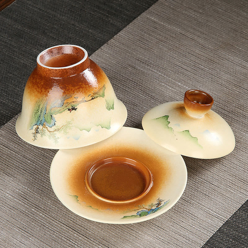 Nimara Ritual Mountain Landscape Countryside Ceramic Gaiwan Sancai Teacup Kung Fu Tea Cup And Saucer With Lid