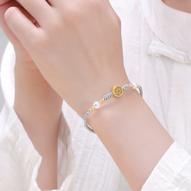 Nimara Ritual Copper Coin Fortune Tree Pearl Luck Blue Rope Braided Bracelet
