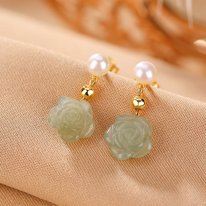 Nimara Ritual 925 Sterling Silver Plated Gold Jade Rose Flower Cyan Jade Pearl Luck Earrings