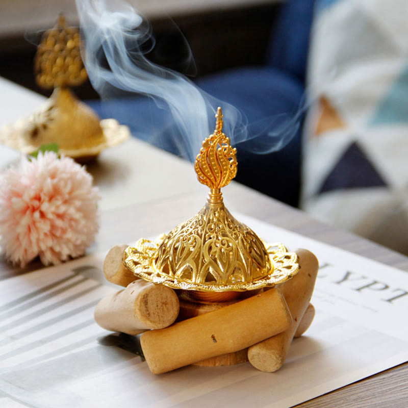 Nimara Ritual Gold Alloy Healing Mini Incense Burner With Wooden Coaster Home Decor