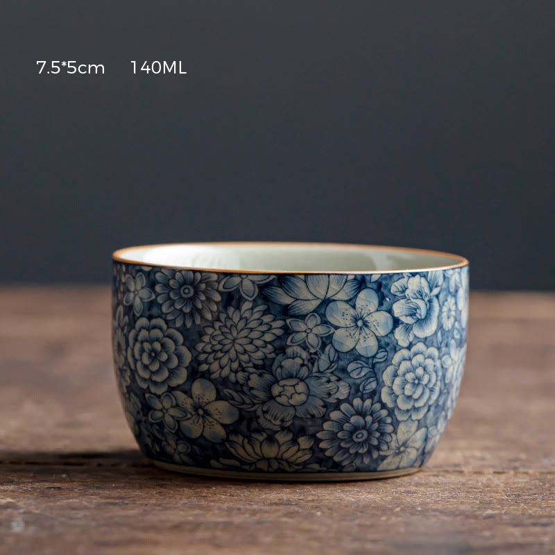 Nimara Ritual Blue Lotus Peach Blossom Chrysanthemum Design Ceramic Teacup Kung Fu Tea Cups